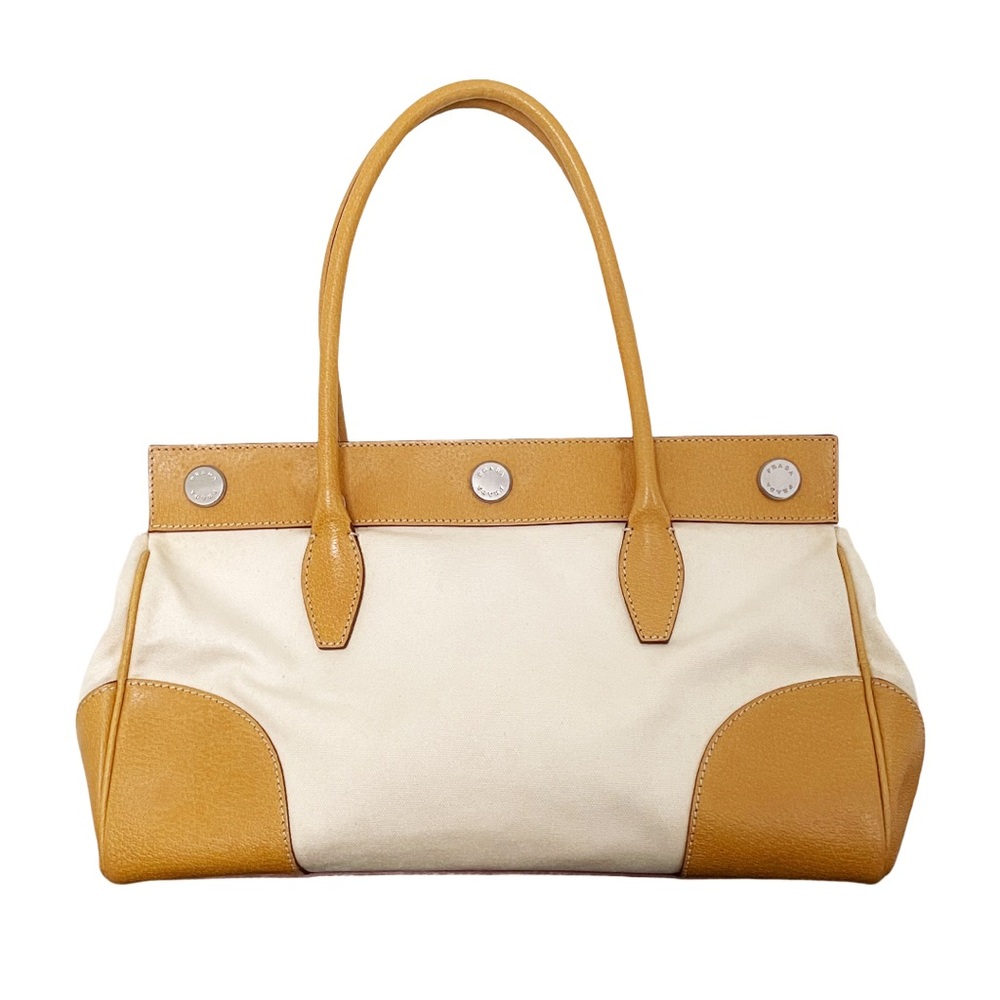 Prada Canapa canvas and orange leather button detail satchel bag